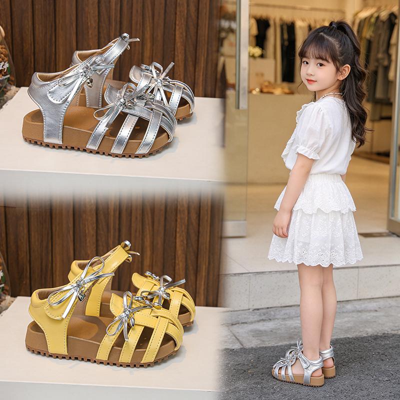 New Summer Children'S Sandals Closed Leather Sandals Cute Bow Non-Slip Soft Breathable Simple Fashion Princess Shoes