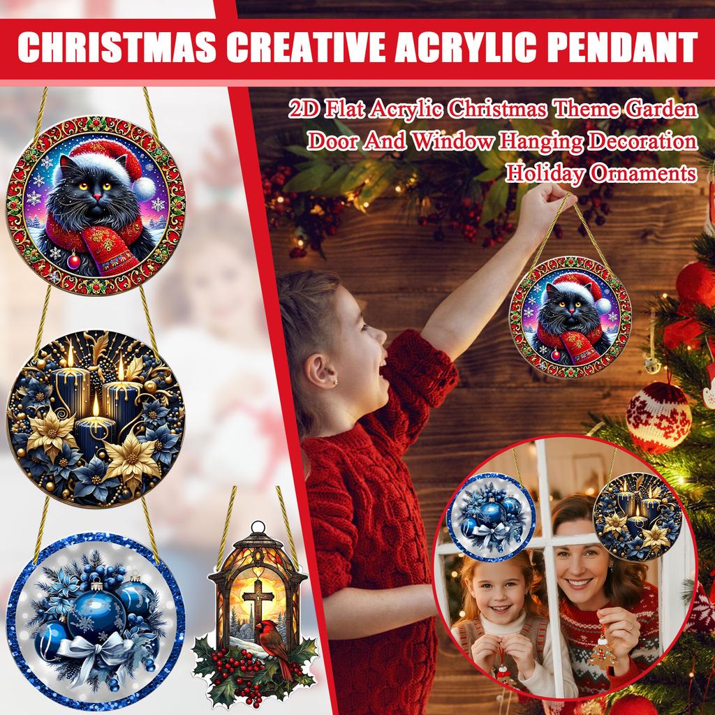 Cat Wearing Christmas Hat 2D Flat Acrylic Christmas Theme Garden Door And Window Hanging Decoration Holiday Ornaments