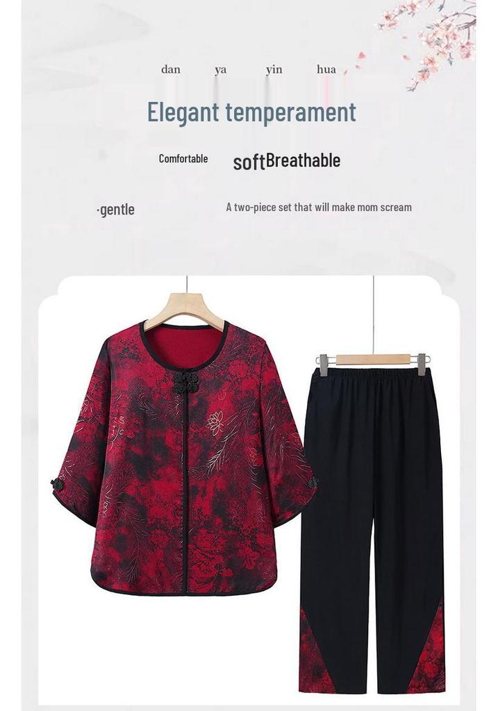 Grandma's Plus Size Summer Outfit: Loose Seven-Sleeve Pullover & Nine-Point Pants Set