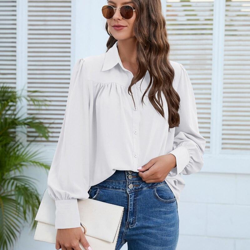 

Lantern Sleeve Chiffon Shirt Women Casual Loose White Blouse Ladies Pleated Solid Tops Fashion Womens Clothing 2026 Blusa 24751 XXL білий