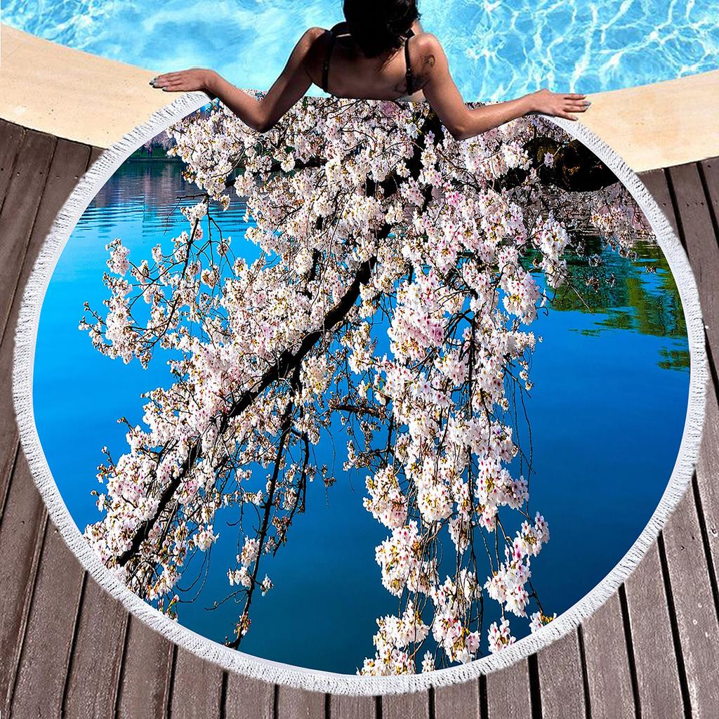 Cherry Blossom Round Beach Towel,Cherry Blossom Tree In The Sun Sand Anti-Sand Beach Blanket Absorbent Quick Dry Soft Pool Towel
