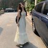 Sweet Spice Girl Lotus Leaf Edge Chic Suspender Skirt Women's Spring and Summer High Sense Niche Chiffon Apricot Dress Knee Long Dress