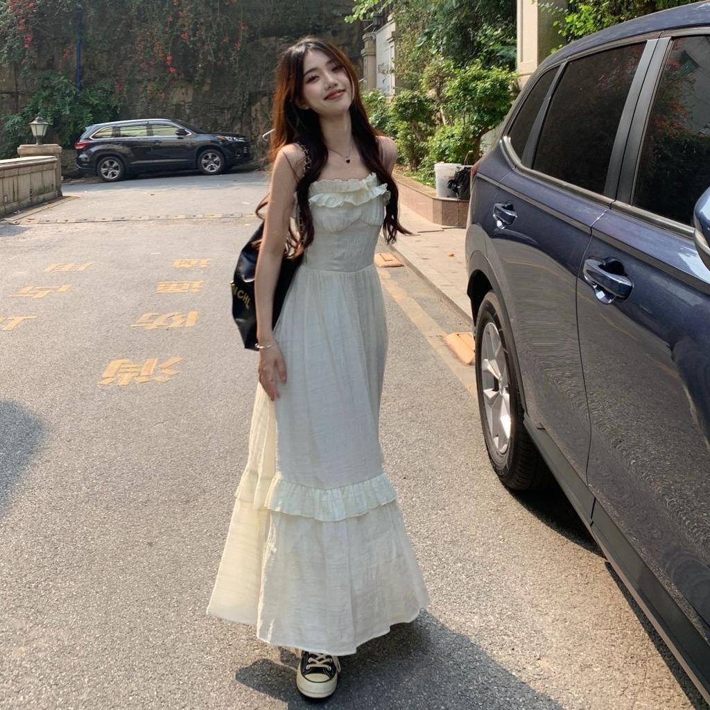 Sweet Spice Girl Lotus Leaf Edge Chic Suspender Skirt Women's Spring and Summer High Sense Niche Chiffon Apricot Dress Knee Long Dress