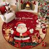 Round Christmas Red Carpet Mat Santa Sleigh Reindeer Rug Poinsettia Ornaments Festive Non-slip Home Decoration for Living Room