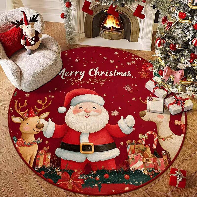Round Christmas Red Carpet Mat Santa Sleigh Reindeer Rug Poinsettia Ornaments Festive Non-slip Home Decoration for Living Room