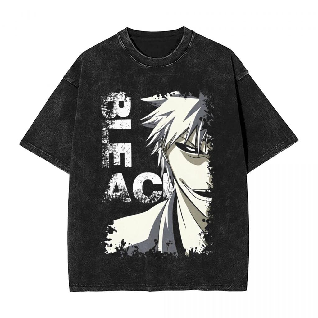 Bleach Kurosaki Ichigo Manga Print Tshirt Vintage Washed Oversized T Shirt Men Women Clothing Casual Cotton Short Sleeve Tees