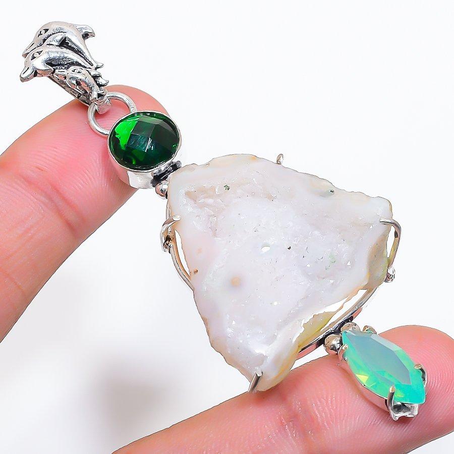 Natural Agate Geode Slice 925 Sterling Silver Jewelry Pendant 3.15" AP-14064