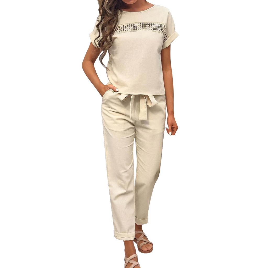Modisches Und Sexy Damen Frühjahr Und Sommer Retro Elastischer Bund Leinen Anzug Damenmode Farbe Lässig Zweiteiliges Set