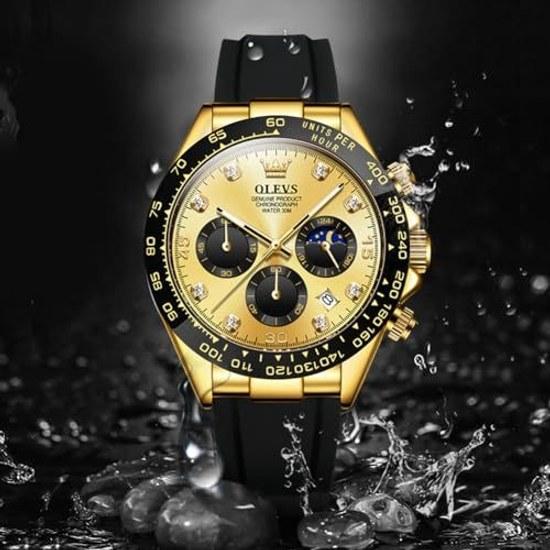 OLEVS stylish mens wristwatch business date popular fashion waterproof Japan quartz gold silica gel belt stopwatch analog chronograph sports gentleman