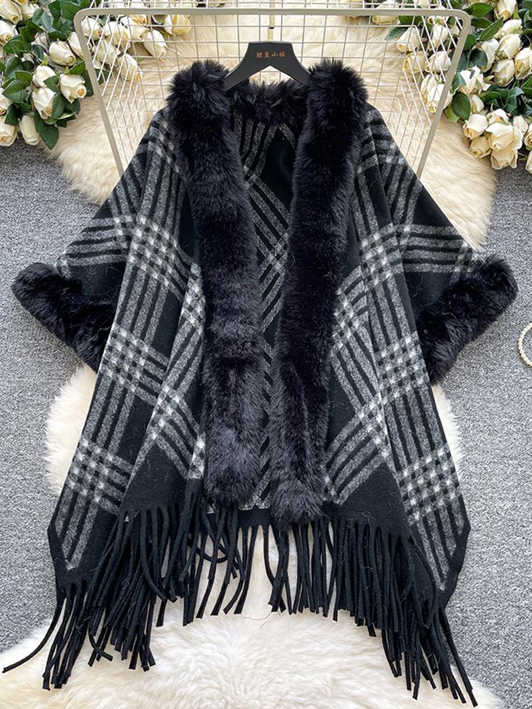 Autumn Winter Vintage Outerwear with Fur Collar Knitted Cardigan Tops for Women Loose Elegant Plaid Shawl Cloak Coat L66