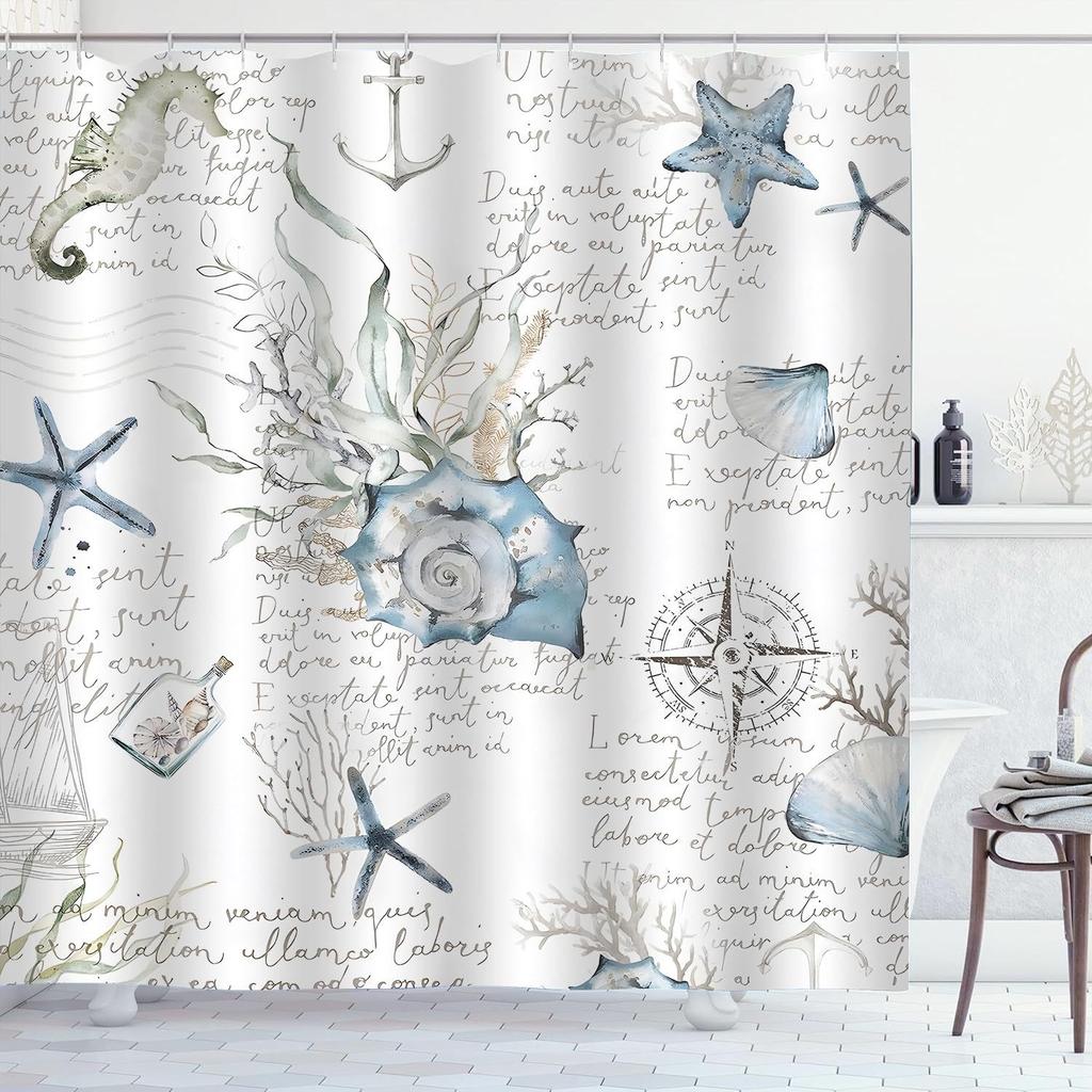 Coastal Turtle Shower Curtain Fish Coral Starfish Shell Blue Ocean Beach Waterproof Polyester Fabric Bathroom Curtains