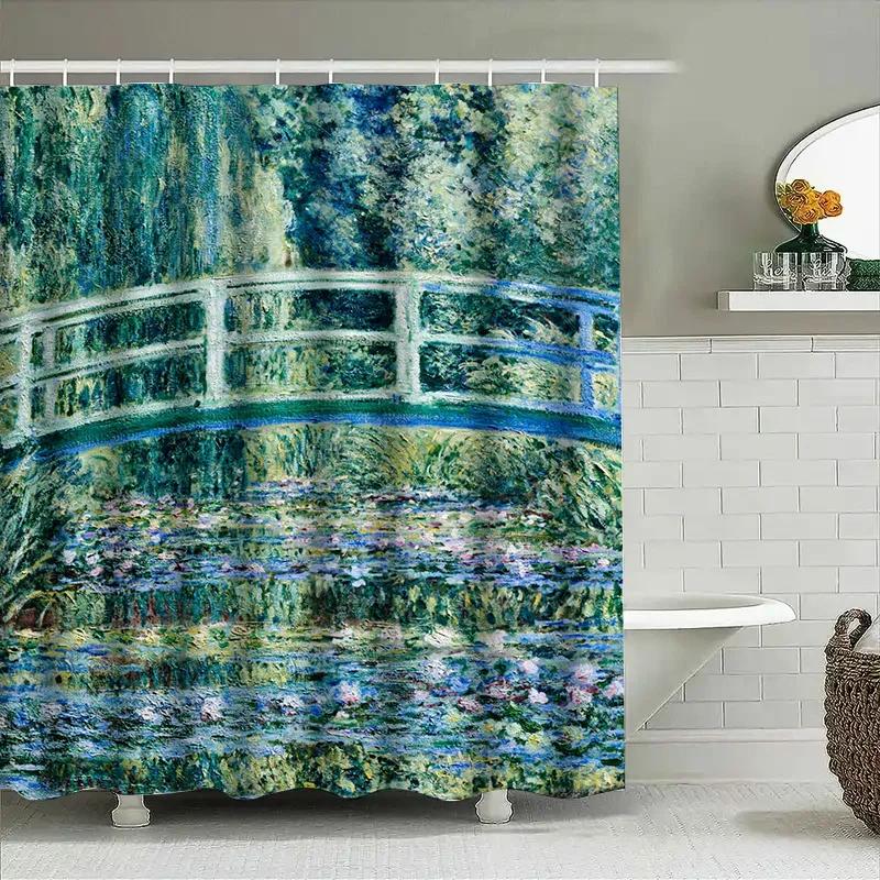 Artystyczna Zasłona Prysznicowa Ogród Wodny Wysokiej Jakości Design Niebieskiego Mostu do Dekoracji Łazienki
