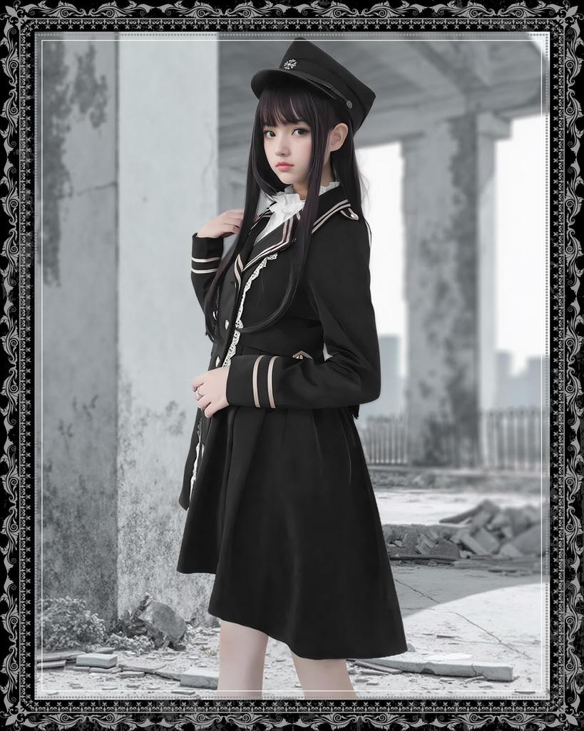 JIURUN Lolita Gothic Lolita Military Halloween Anime Mori Girl Trench Gothic Cute Costume, Uniform, Cosplay, Cosplay, Lolita, Coat, Shorts, Blouse,