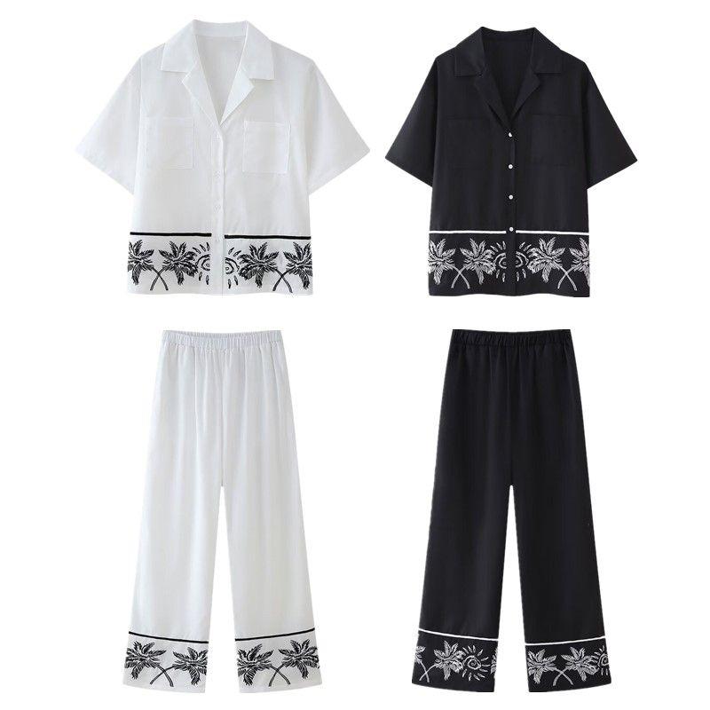 Western Style 2024 Summer New Women clothes Design Slimming Versatile Embroidered Short sleeve Shirts Mid-Waist Trousers