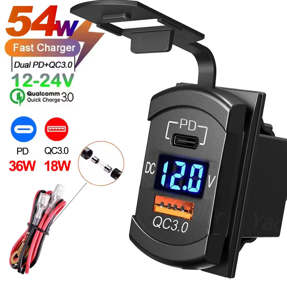 12V USB Rocker Switch 36W USB & PD Outlet Socket with LED Voltage Display 18W QC3.0 Charger for Cars Trucks Vans Boats RVs