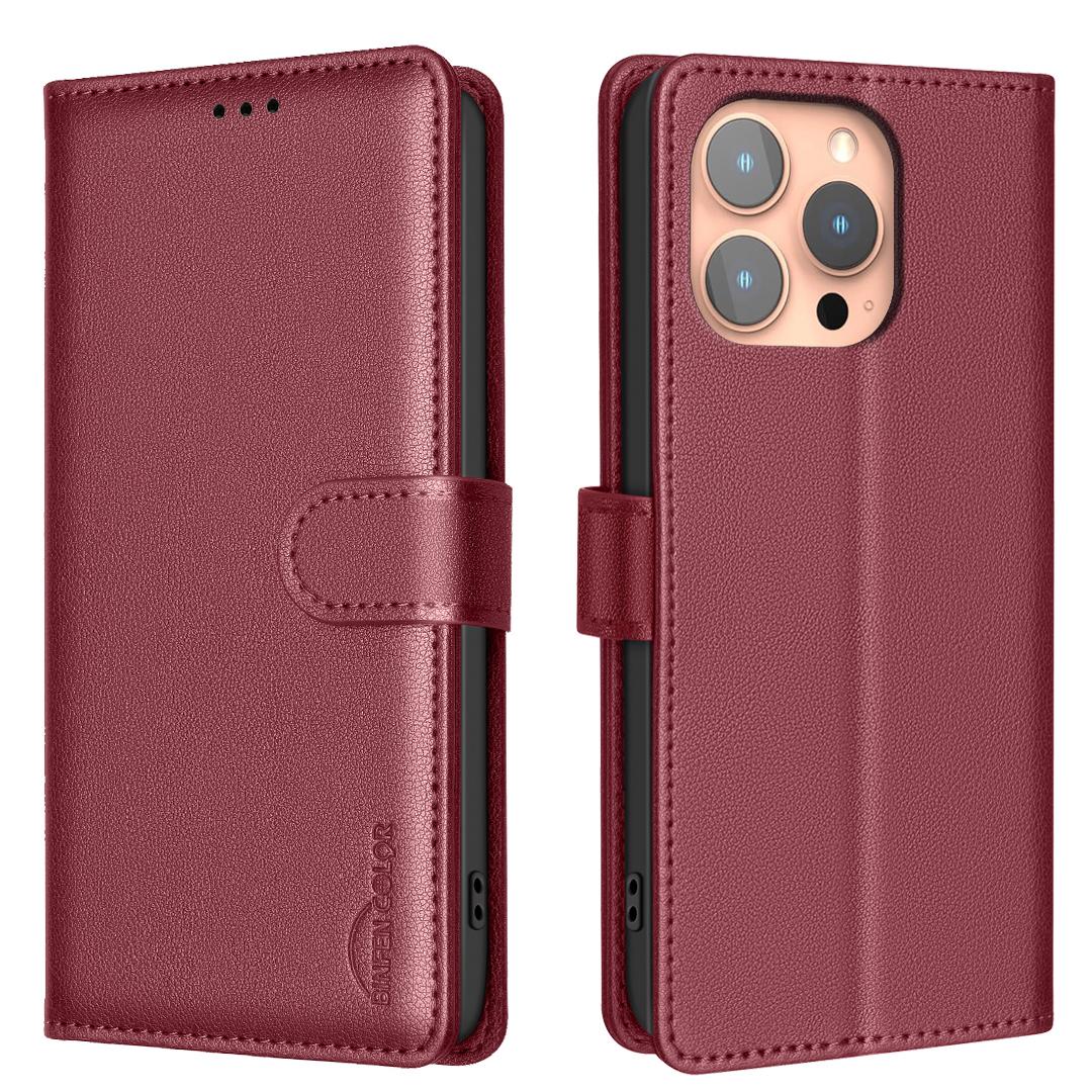 

BINFEN COLOR BF32 For iPhone 16 Pro Case Full Protection RFID Blocking Leather Stand Phone Cover Red