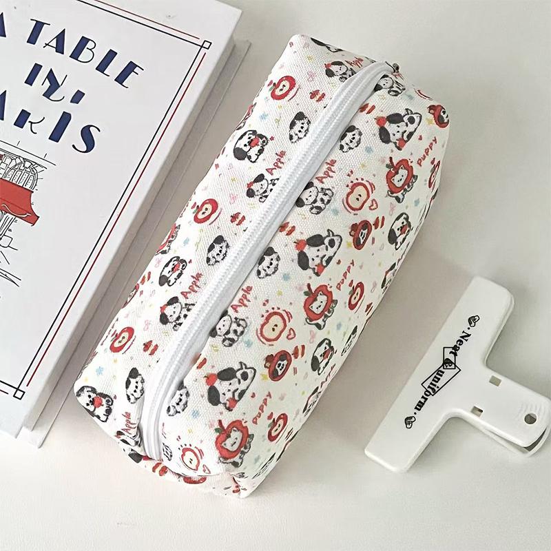 Portable Pen Storage Bag Cartoon Red Apple Puppy Printed Pencil Case Large Capacity Stationery Makeup Bag Gifts