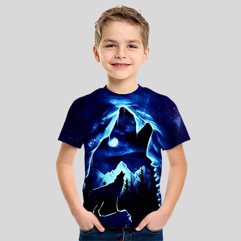 2023 Sommer Kinderkleidung 3D Wolf und Wagen bedrucktes Cartoon T-Shirt für Jungen Tier T-Shirt Jungen Mädchen Oberteile Tees Kinderkleidung