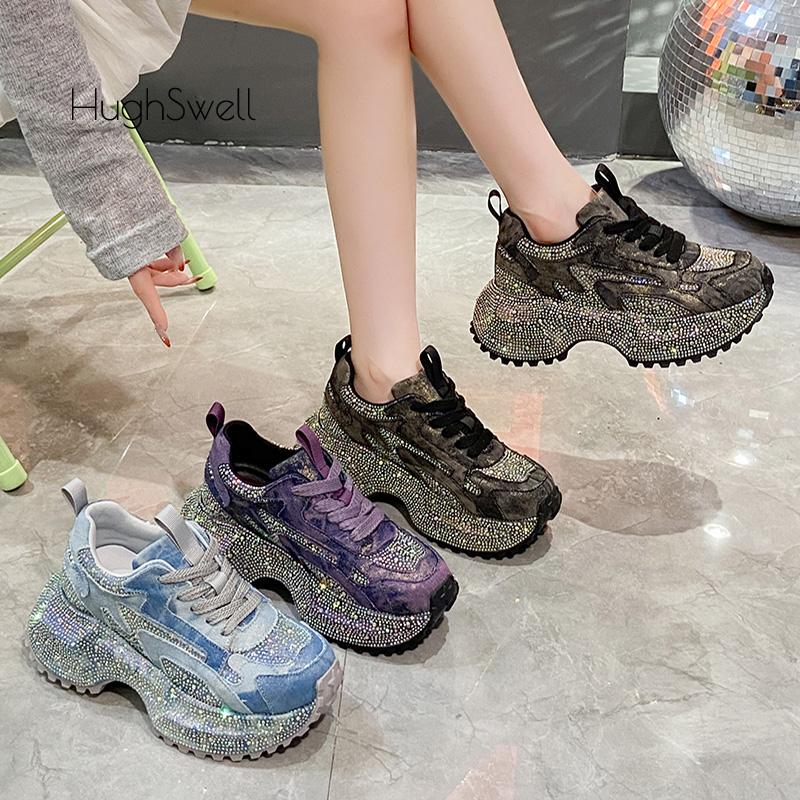 Fashion Rhinestone Cover Thick Sole Denim Canvas Sneaker Woman Bling Rivet Chunky Daddy Shoe Ladies Luxury Brand Design Crystal Zapatos
