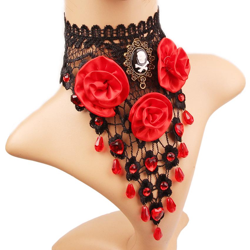 Gargantilla de Encaje Negra de Moda Euroamericana con Colgante de Lágrima de Flor de Rosa