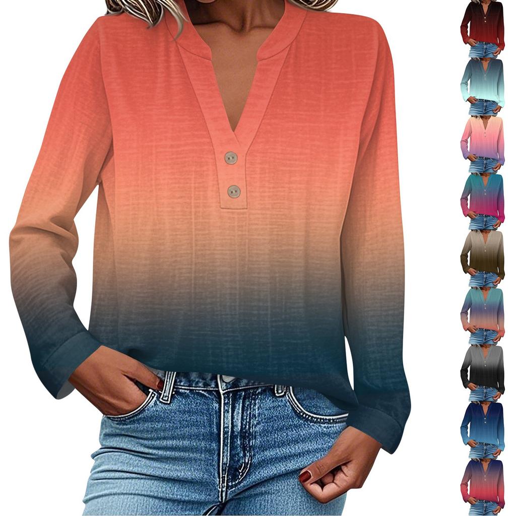 Camisa de Moda y Casual para Mujer Manga Larga Cuello en V Botones Estampada Blusa Top