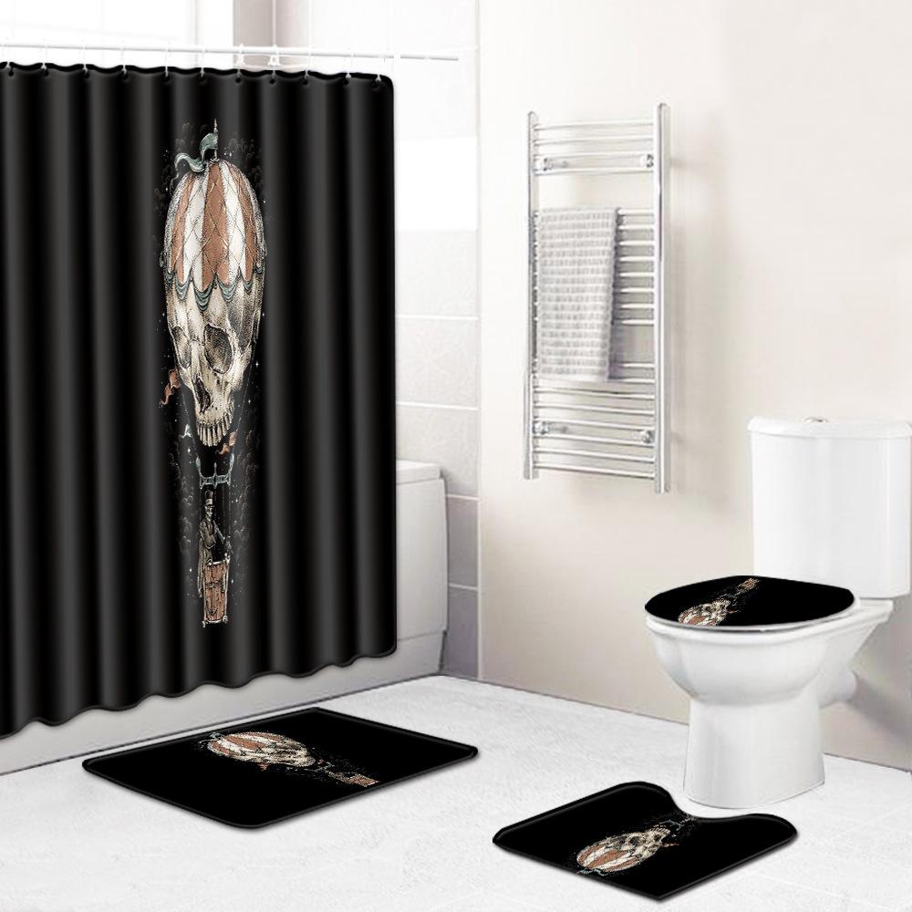 Skull Shower Curtain Floor Mat Combination Four-Piece Set Bathroom Toilet Carpet Shower Room Mat Foot Mat
