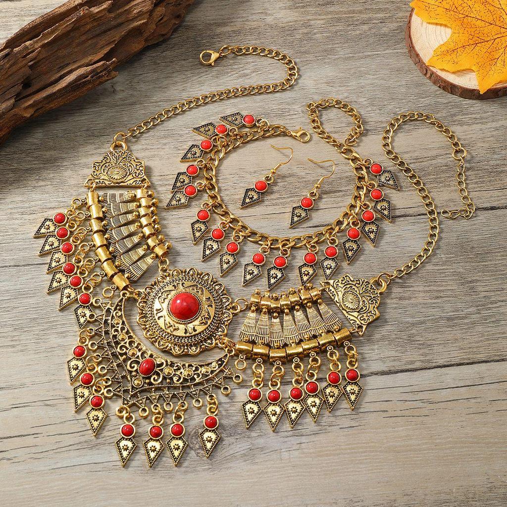Tibetan Ethnic Tassel Jewelry Set: Necklace, Earrings, Bracelet & Sweater Chain