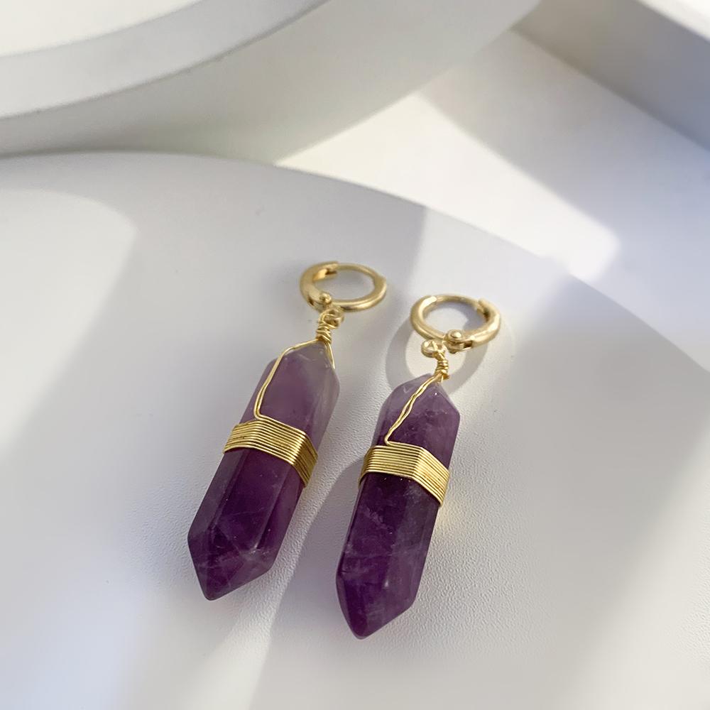 Fashion Handmade Wire Wrapped Purple Natural Stone Hexagonal Bullet Drop Earrings for Women Polygon Statement Earring