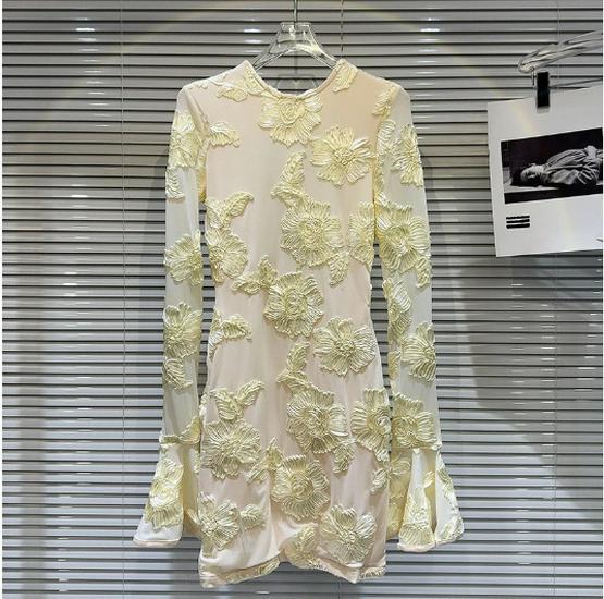 Floral Embroidered Backless Halter Dress with Trumpet Sleeves