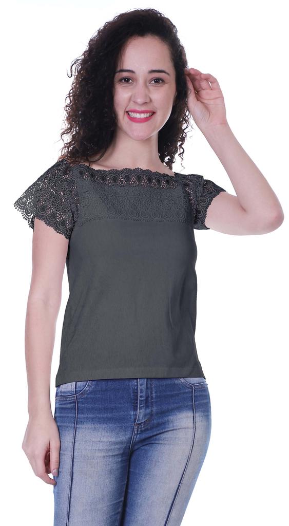 Moomaya Lace Sleeve Tops For Women Plain Boat Neck Tee Shirt