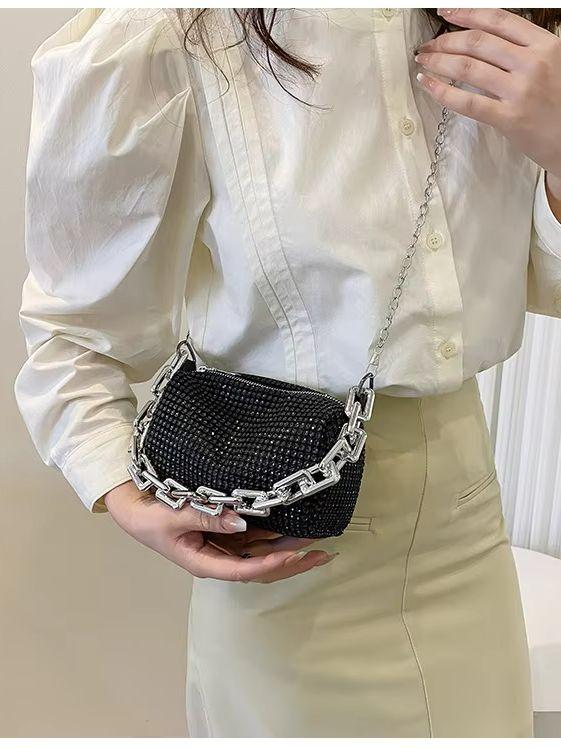 1pc New Portable Fashi Women's Crossbody Bag With Bright Diamds And Metal Chains PU Material For Dinner Parties Everyday