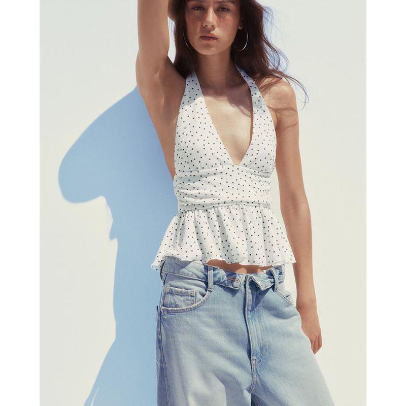 Summer New Product Women's Clothes Vacation Style Laminated Decoration Halterneck Collar Light Mature Wind Casual Tops 0347317