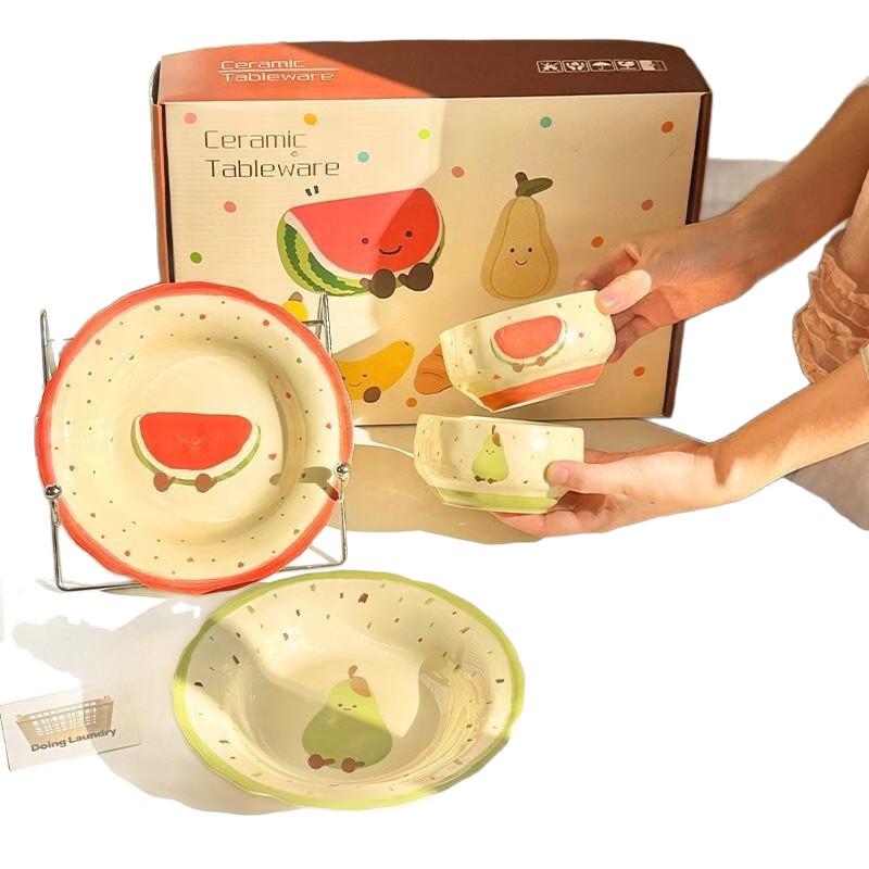 Ru Han Ceramic Underglaze Fruit Croissant 10-Piece Dinner Set