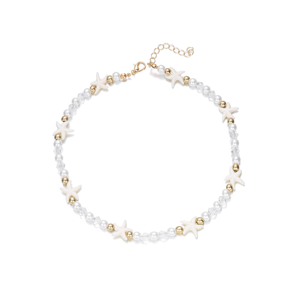 Imitation Pearl Starfish Crystal Beaded Choker Necklace Women Fashion Trend Gift Daily Accessory