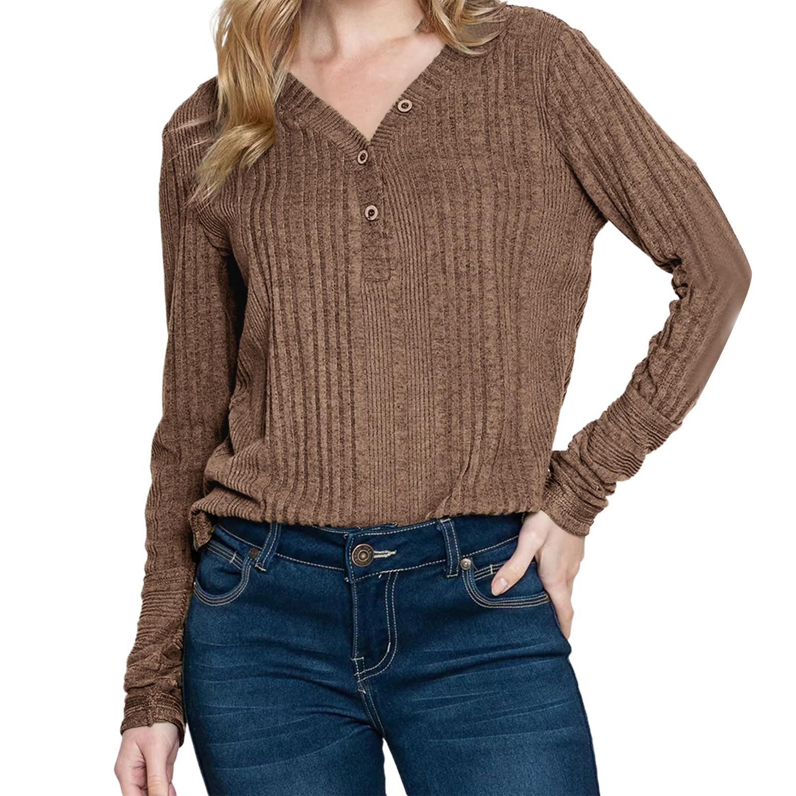 

Женская мода V-образный вырез свитер свитер свободного покроя однотонный длинный рукав топ XL светло-коричневого