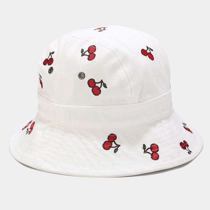 Вышитая вишневая шляпа-ведро для женщин, шляпа рыбака, летняя шляпа от солнца, милый подарок для девушки белый