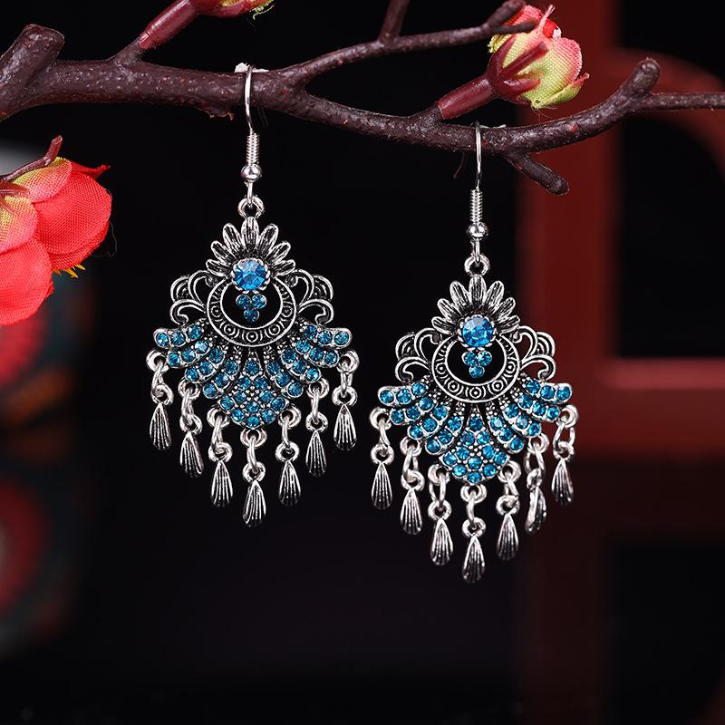 

Vintage Fan-Shaped Rhinestone Ethnic Drop Earrings for Women Elegant Silver Color Metal Tassel Earring Vacation Daily Jewelry синий