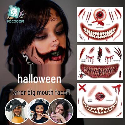 Wasserdichte Halloween-Tattoo-Sticker mit großem Mund & Narben – Langlebig, Lustige Gesichtsdesigns