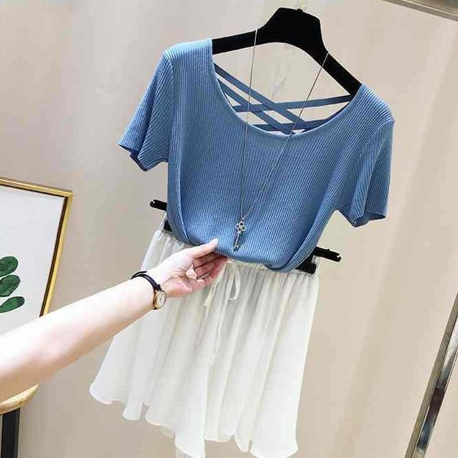 Sırtı Açık Tişört Kadın İlkbahar/Yaz Slim Fit Örme Kısa Kollu Tişört Buz İpek Tişört Örme Üst