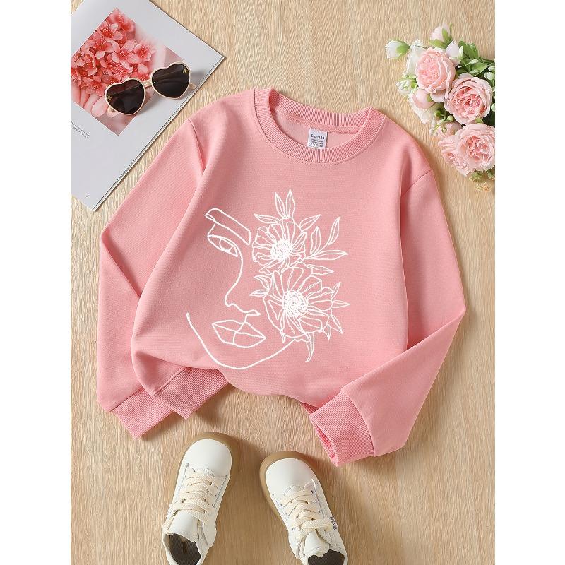 European Sizes Kids' Crewneck Sweatshirt Floral Face Outline Art Design Print , Sportswear And Casual Wear, Soft And Comfortable, Children's Clothing