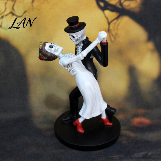 Decorative Resin Figurine for Party Day of The Dead Dancing Skeleton Couple Figurine, Halloween Gothic Wedding Lover Statue, Romantic Bride