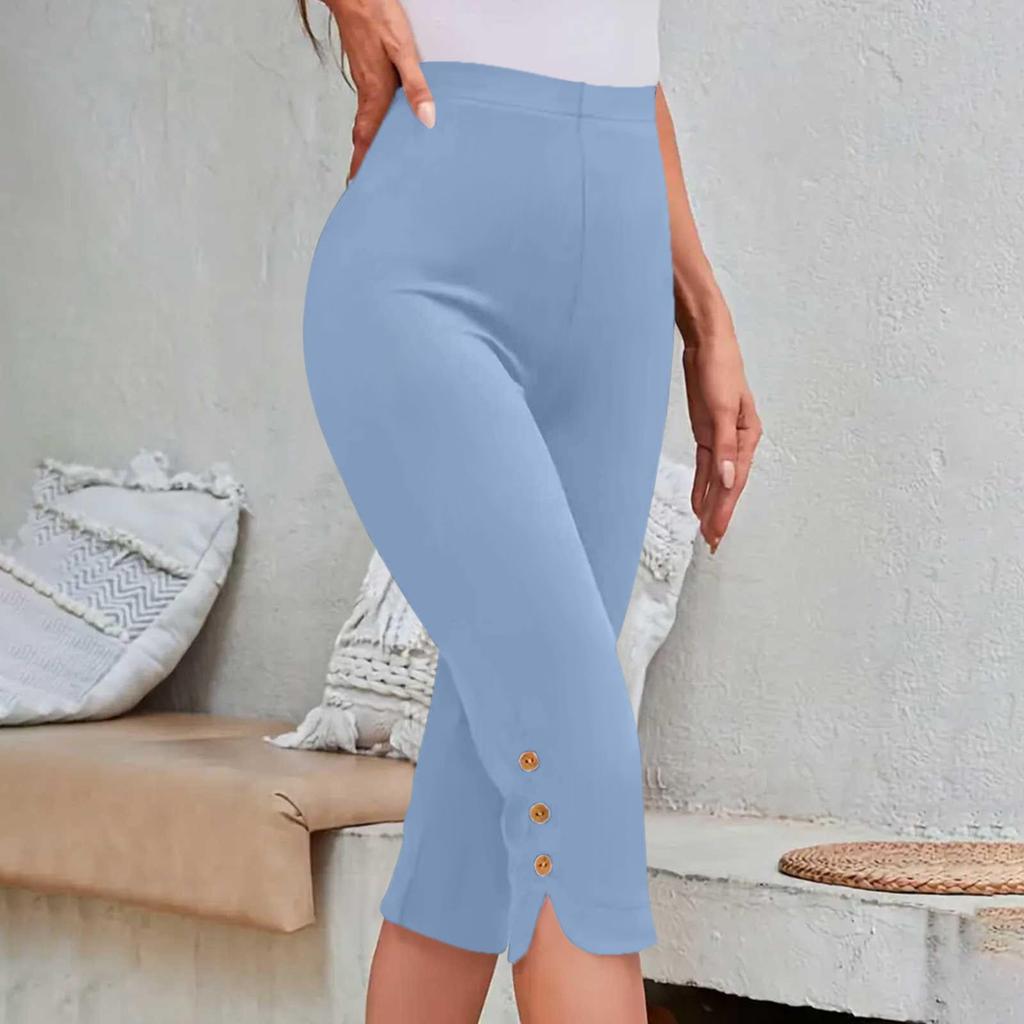 Women's Fashionable Solid Color High Waist Slimming Casual Elastic Waist Bottom Cropped Pants