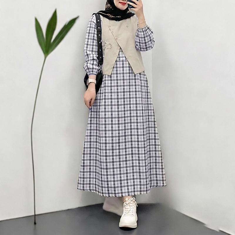 ZANZEA Women Casual Round Neck Long Sleeve Patchwork Plaid Print Dress