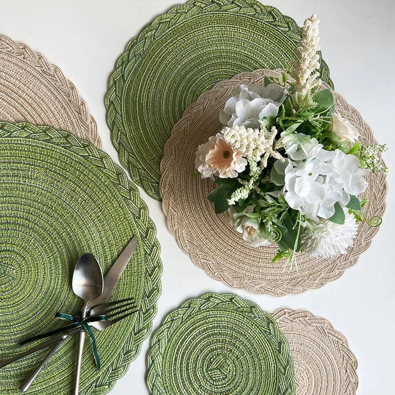 4PCS Woven Placemats Heat Insulation Mat Round Table Mats Dining Table Potholder Coaster Party Wedding Home Decoration Props