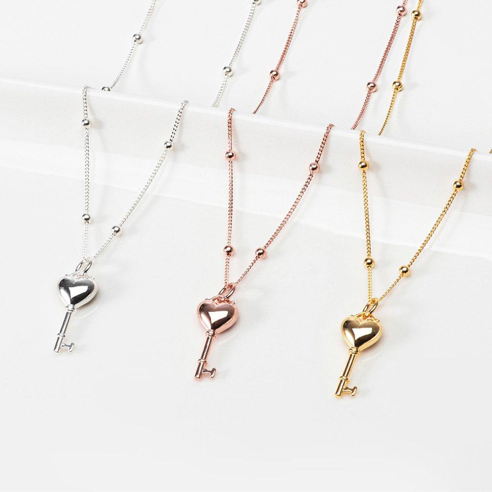 Heart Key Ball Chain Silver Necklace