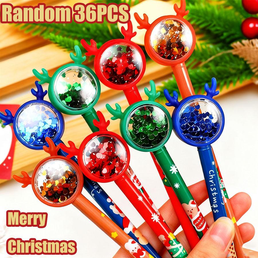 36Pcs Cartoon Christmas Elk Glitter Pens 0.5mm Black Ink Gel Pens Writing Stationery Suitable School Use,Fun Party Birthday Gifts,Back To School