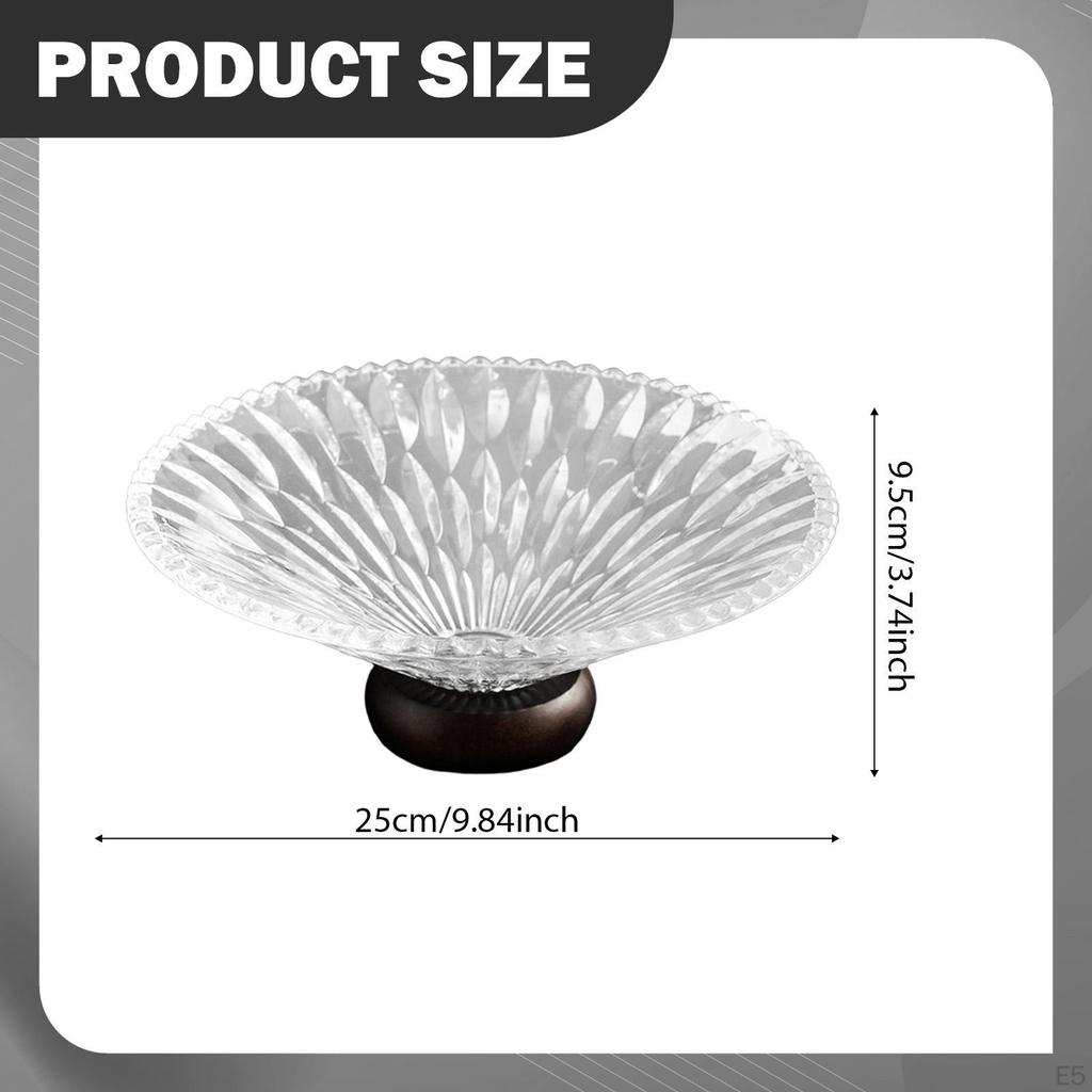 Clear Glass Fruit Bowl Decorative Pedestal Tray Nuts Cake Vegetable Holder with Wooden Stand for