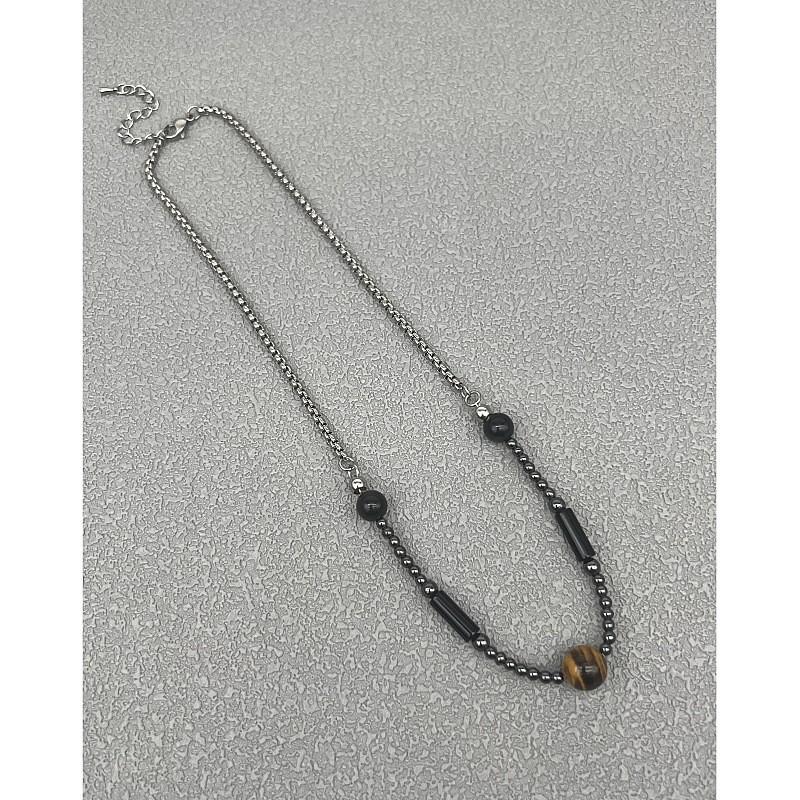 Geometric Tiger Eye Bead Pendant Necklace With Handcrafted Design For Unisex Fashion Accessory