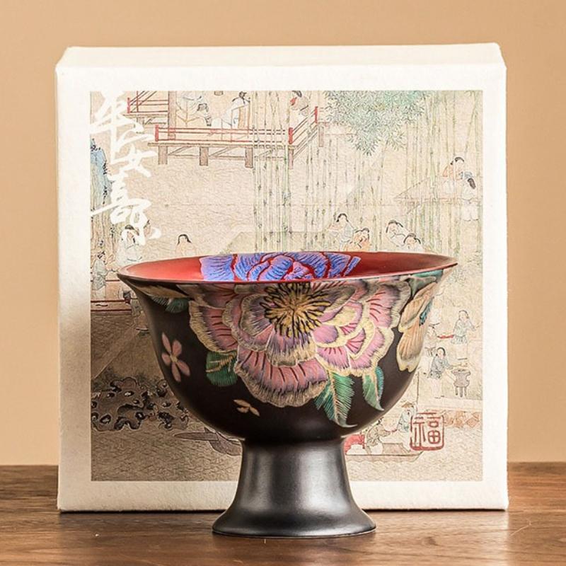 Kesi Handmade Flower Teacups Ceramic Black Master Cups High Foot Cup Chinese Kung Fu Tea Sets Household Tea Ceremony Teaware