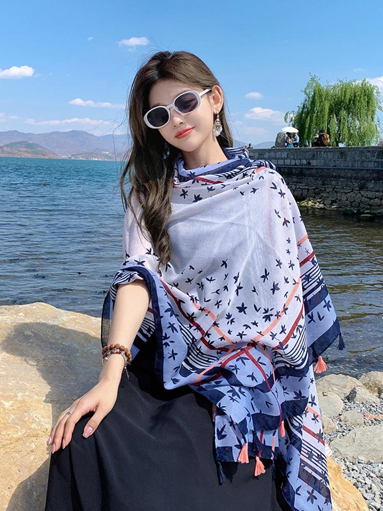 New  Summer Elegant Women Silk Scarf Beach Long Wrap Shawl Vintage Print Bohemian Bandana Hijab Mujer Scarve Pareo Foulard